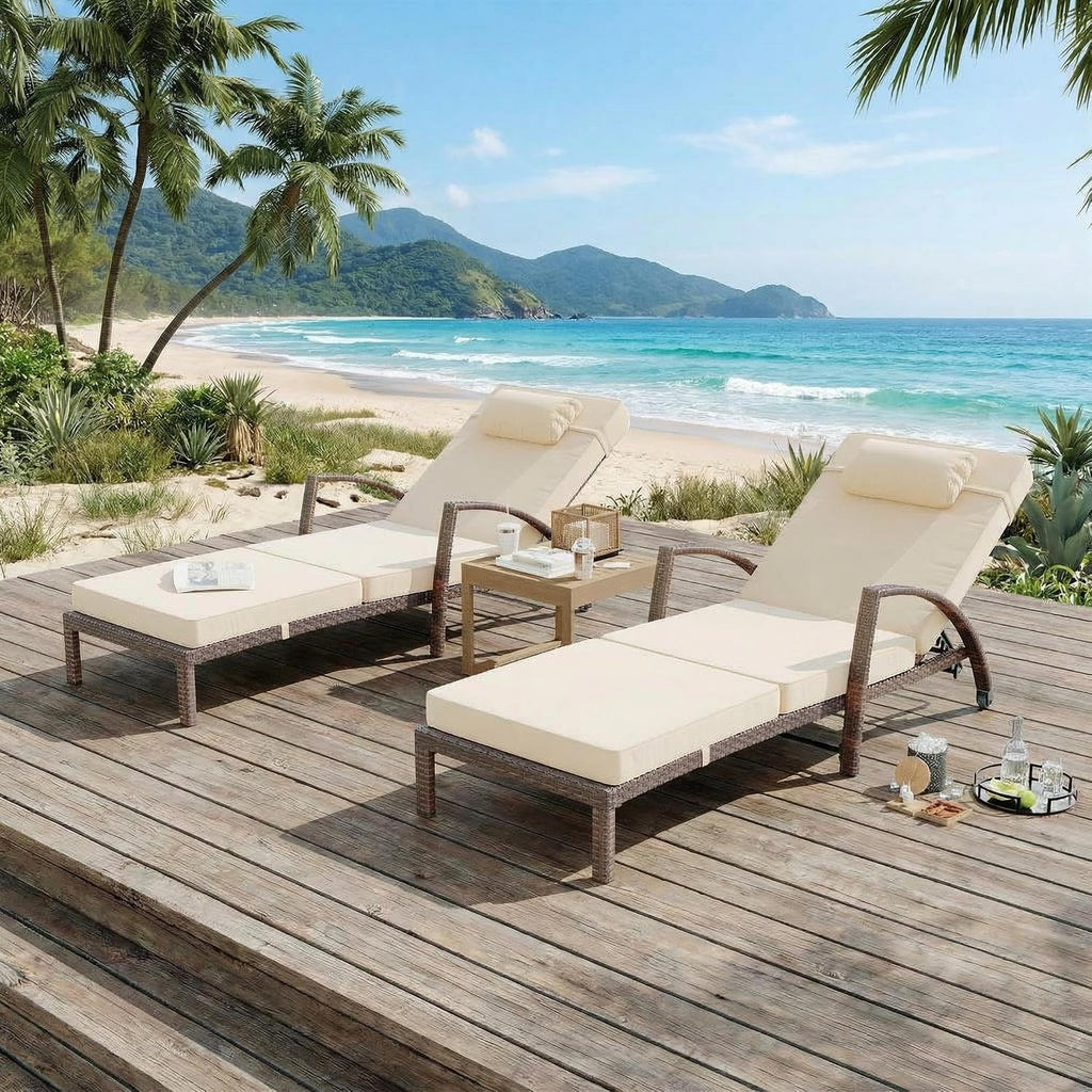 Beige 2-Pack PE Rattan Adjustable Pool Chaise Lounge