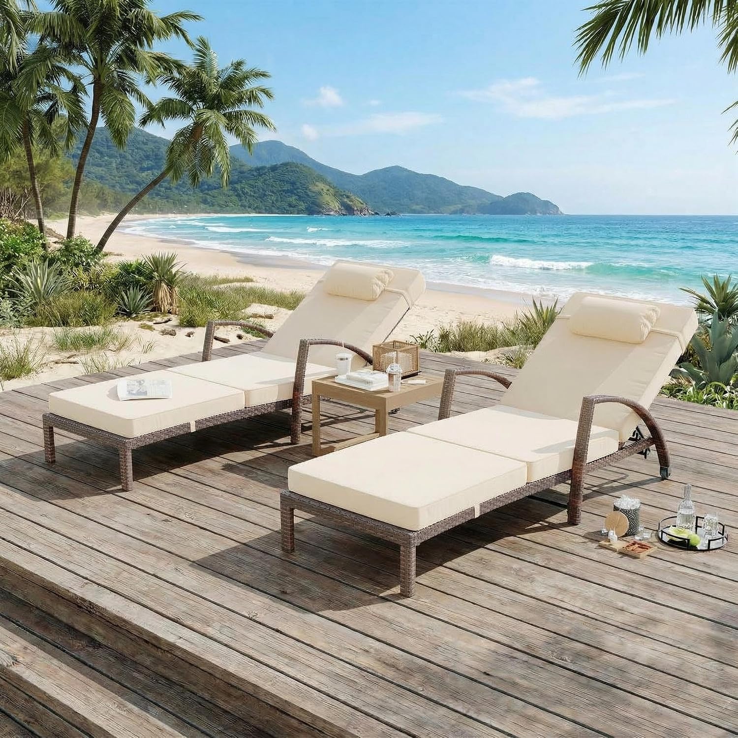 Beige 2-Pack PE Rattan Adjustable Pool Chaise Lounge