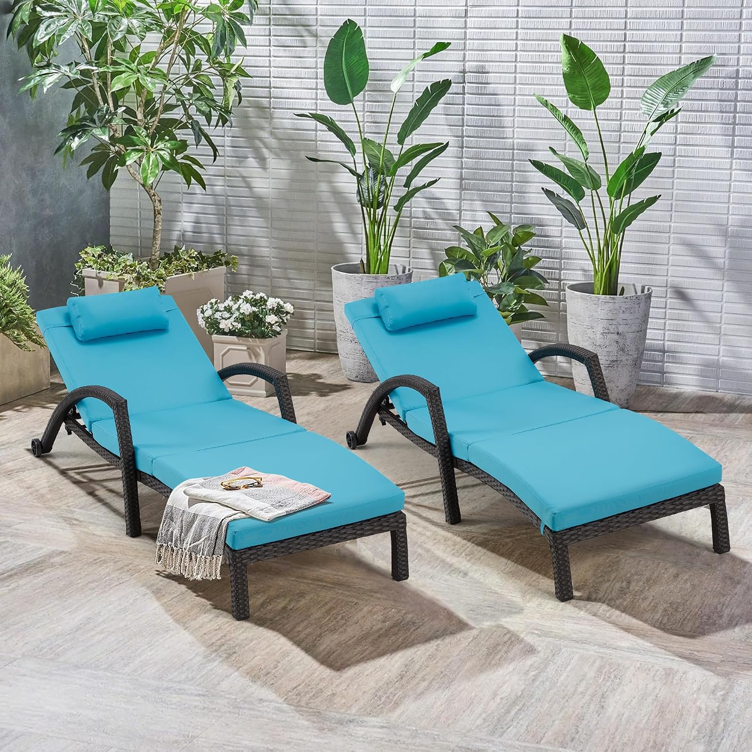 Blue 2-Pack PE Rattan Adjustable Outdoor Chaise Lounge