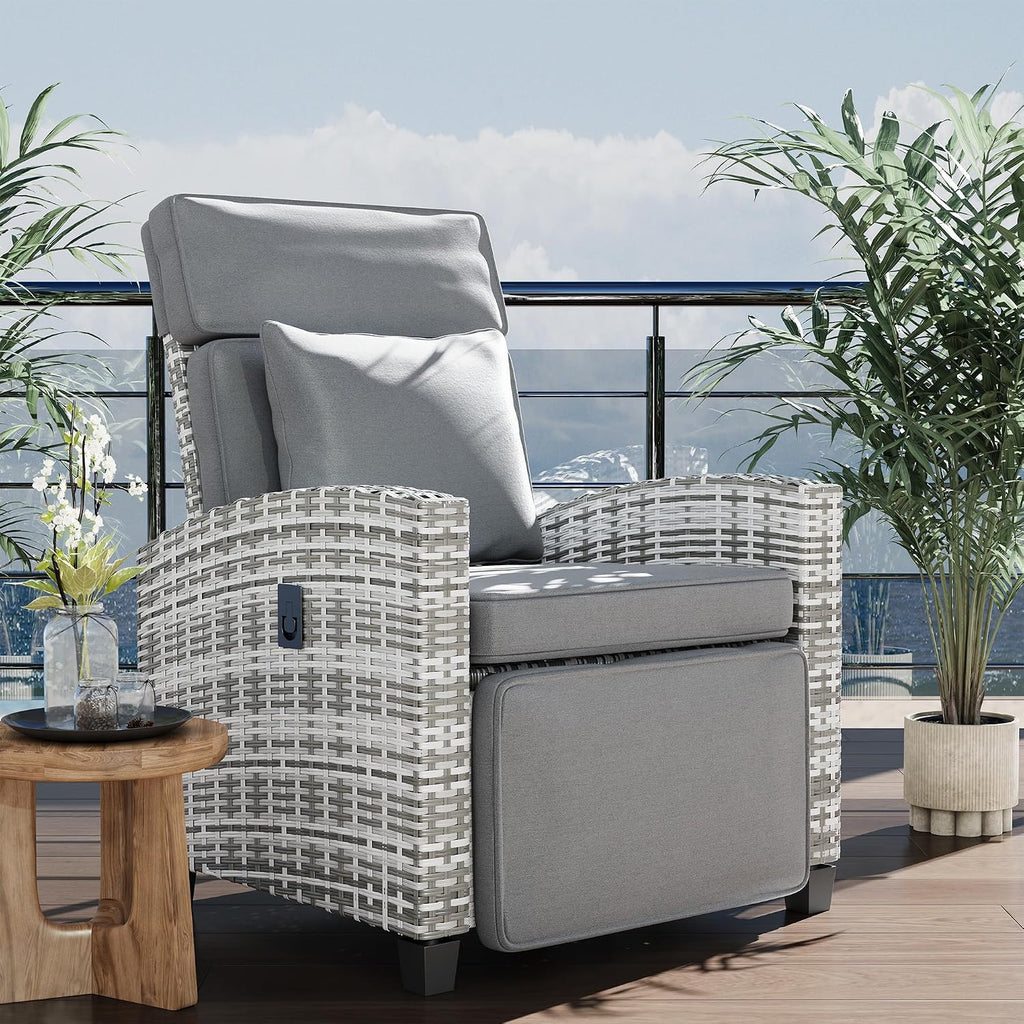 Gray PE Rattan Adjustable Patio Recliner With Flip Side Table