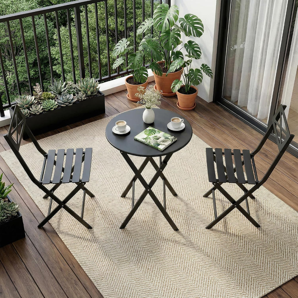 Black Foldable Iron 3pc Patio Bistro Set
