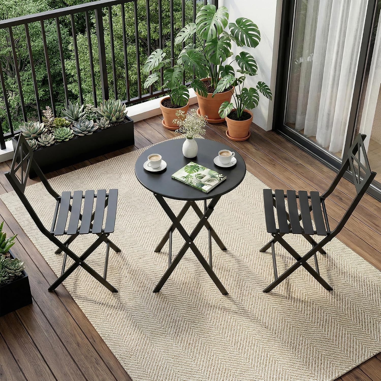 Black Foldable Iron 3pc Patio Bistro Set