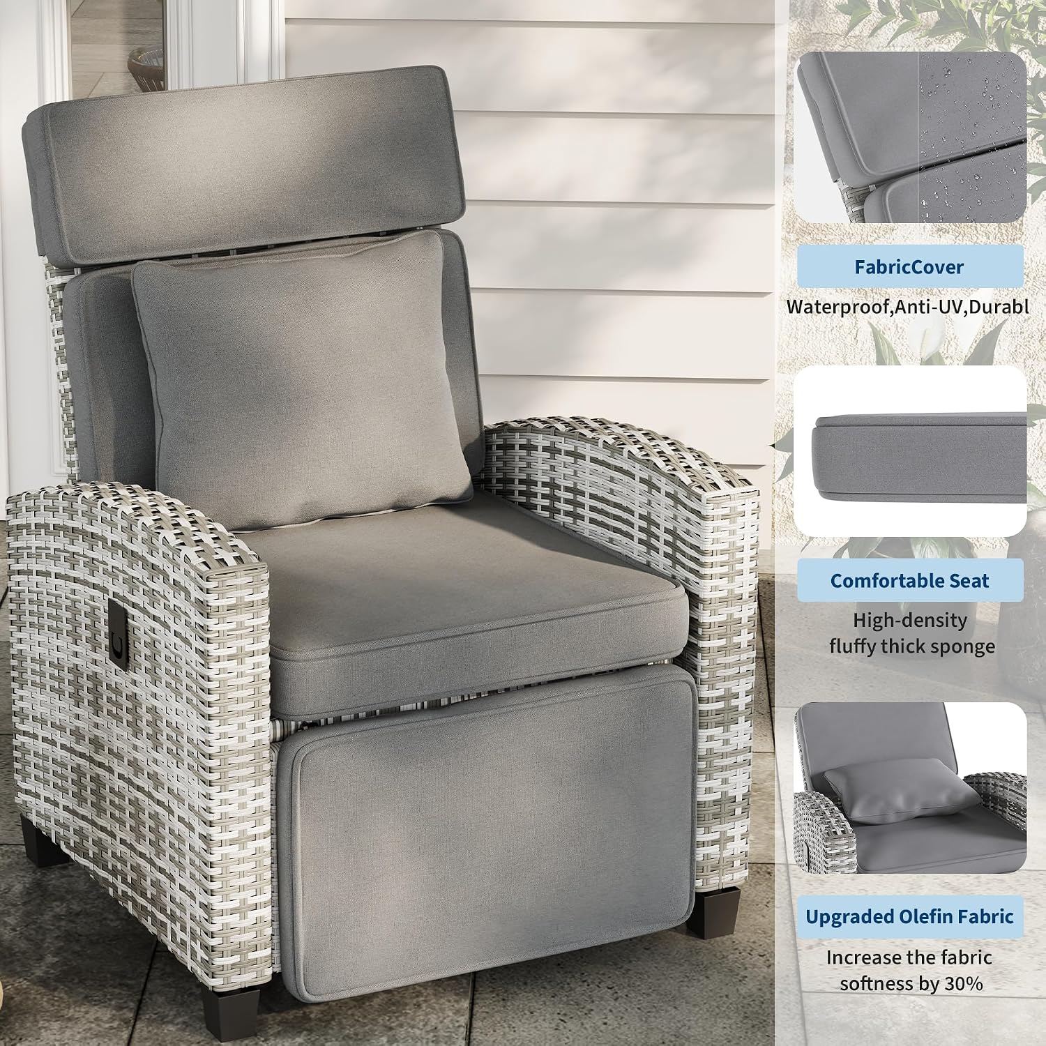 Gray PE Rattan Adjustable Patio Recliner With Flip Side Table