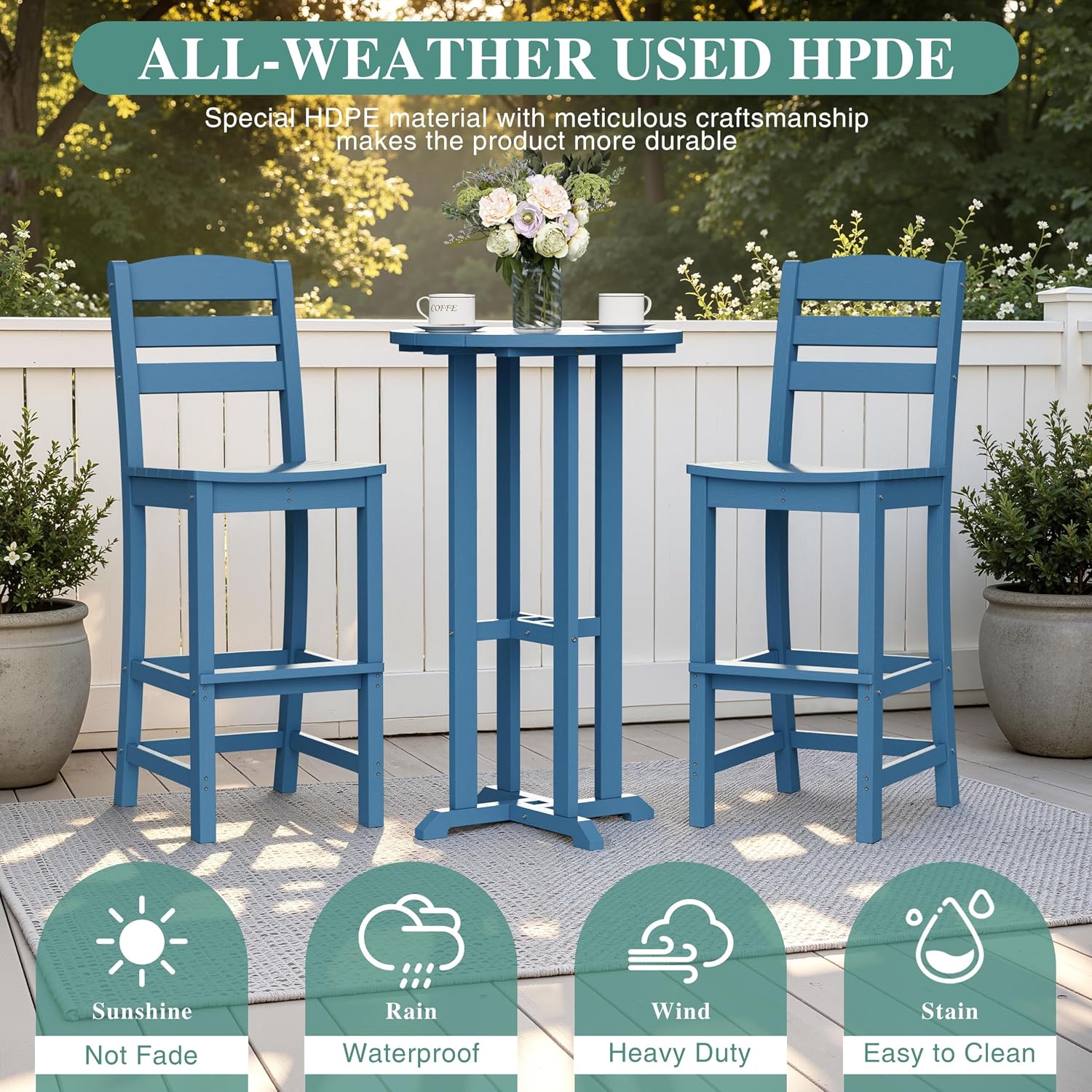 Blue HDPE Bar Height 3pc Patio Set