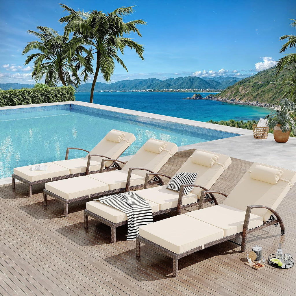 Beige 2-Pack PE Rattan Adjustable Pool Chaise Lounge