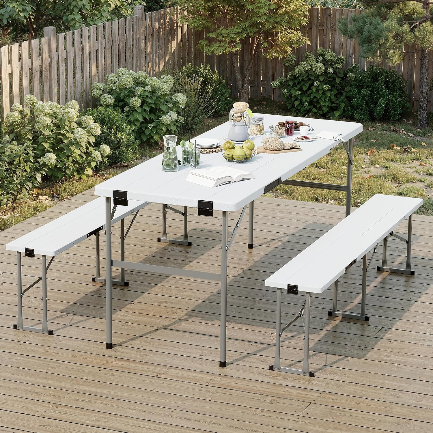White Wood Grain 6FT Folding Picnic Table Bench Set