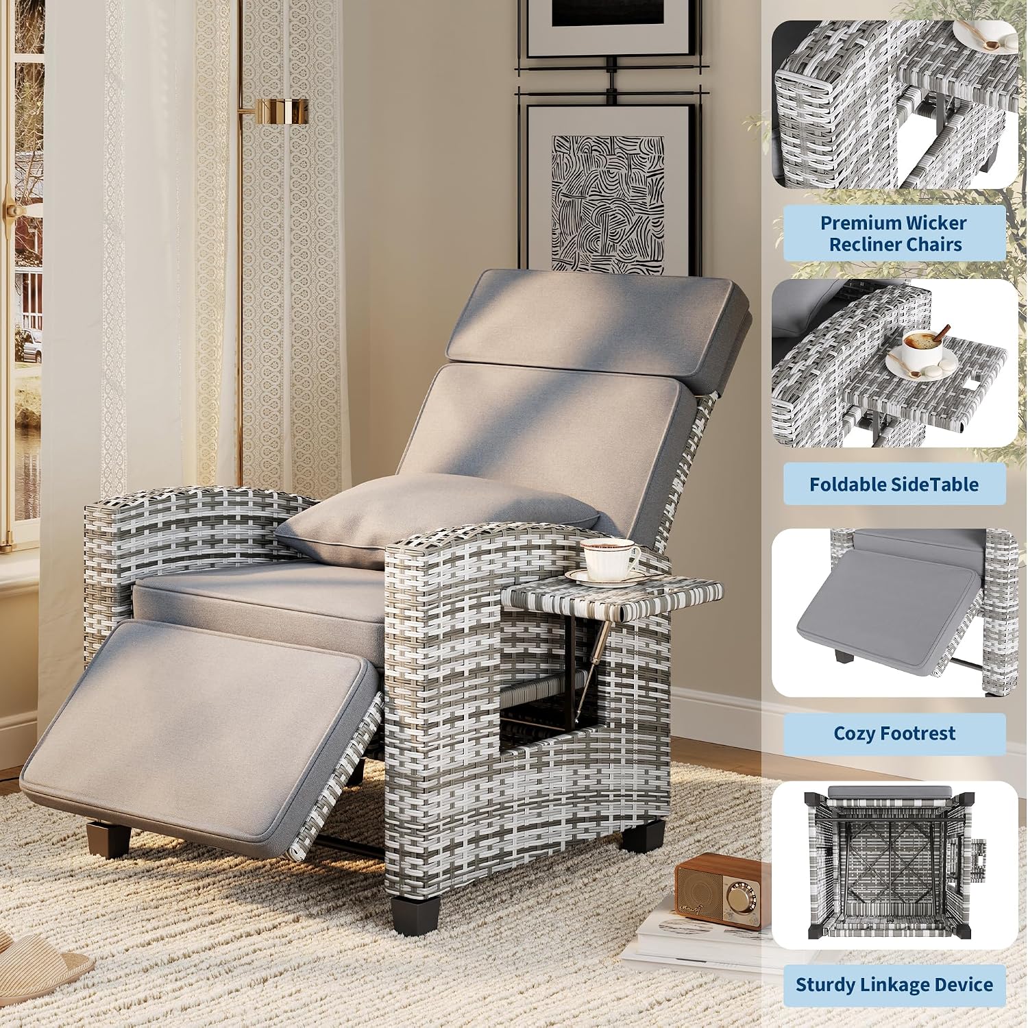 Gray PE Rattan Adjustable Patio Recliner With Flip Side Table