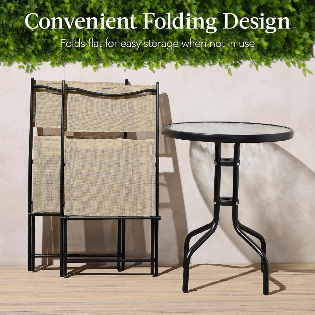 Beige Steel Folding 3pc Patio Bistro Set