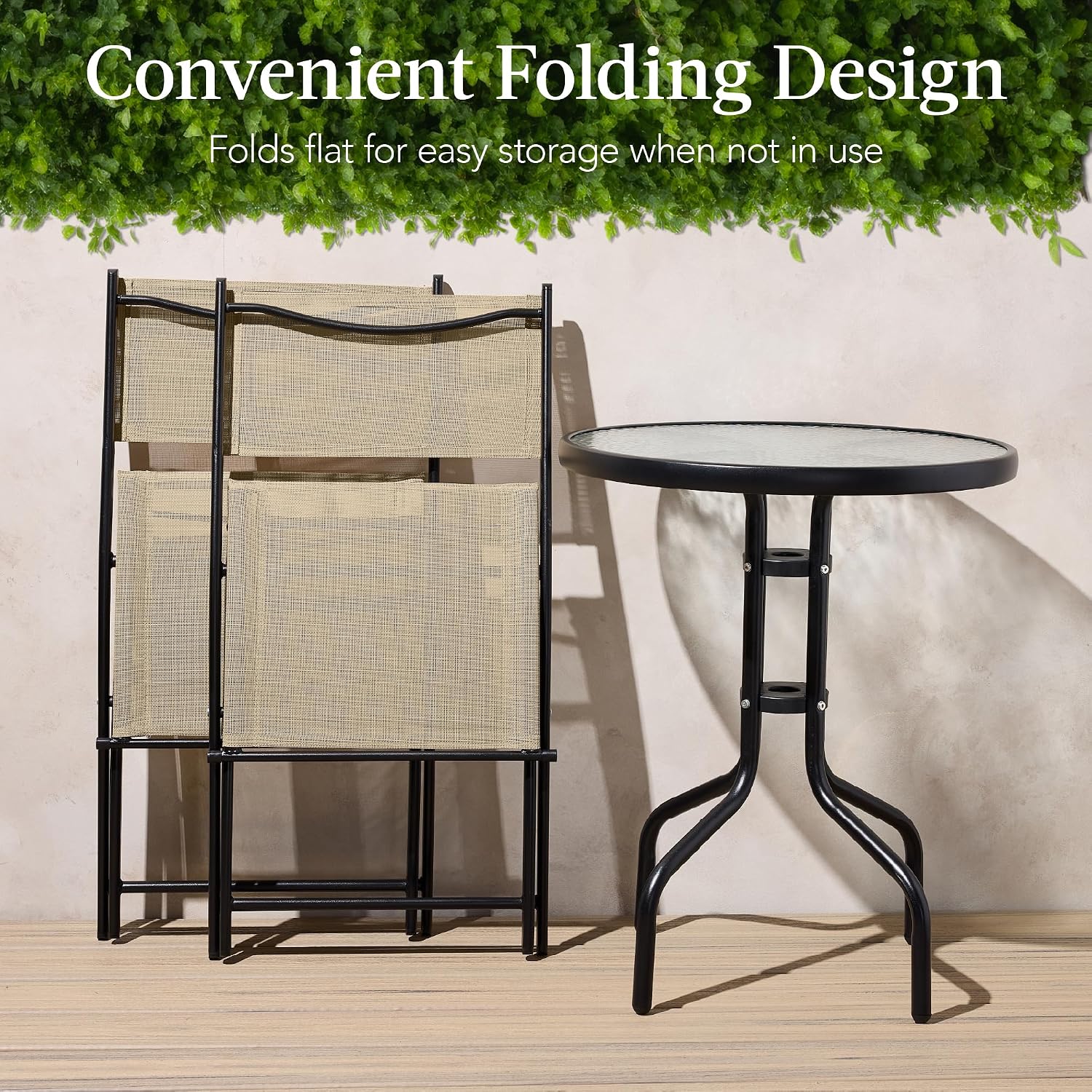 Beige Steel Folding 3pc Patio Bistro Set