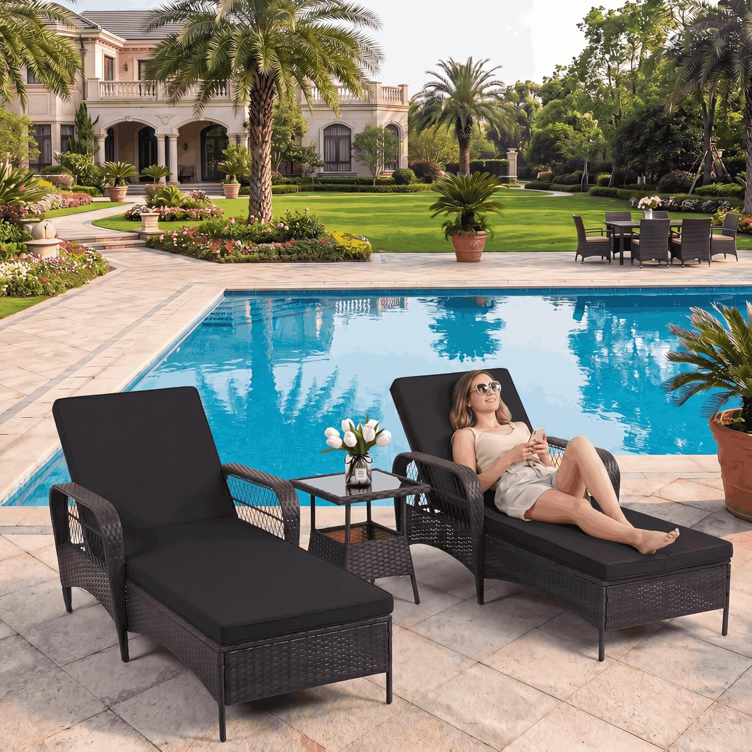 PE Rattan Chaise Lounge Set With Side Table