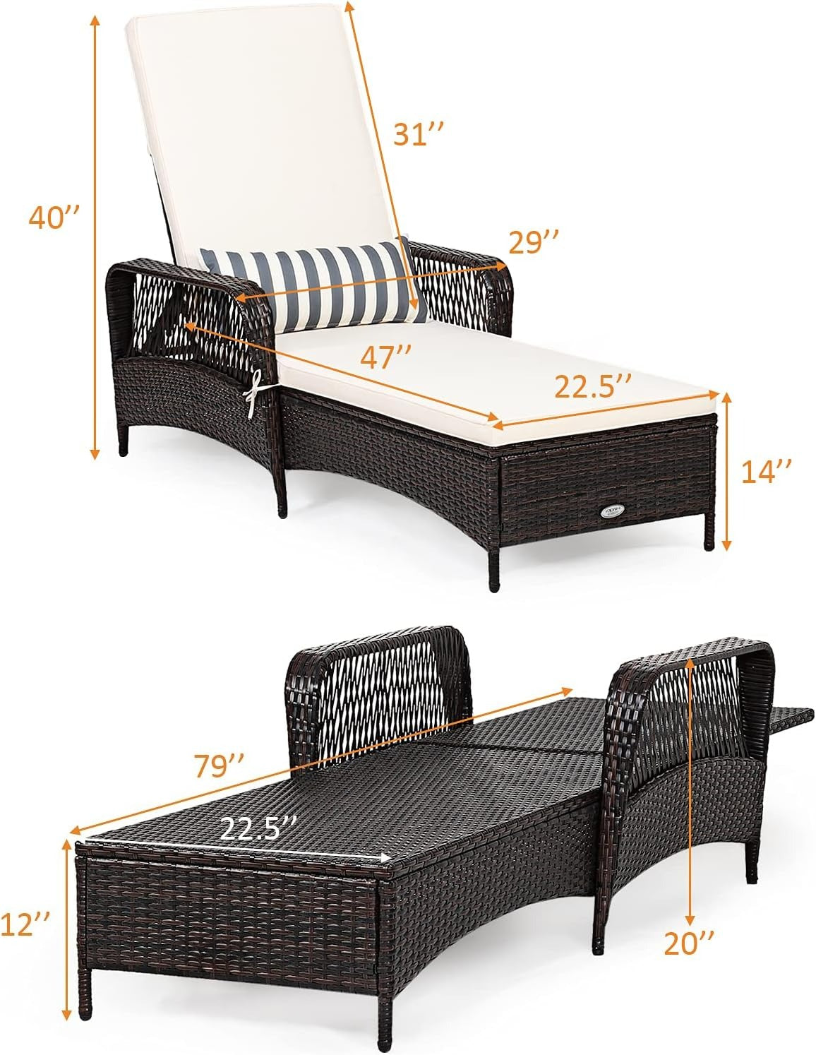 Brown Rattan Adjustable Outdoor Chaise Lounge Chair