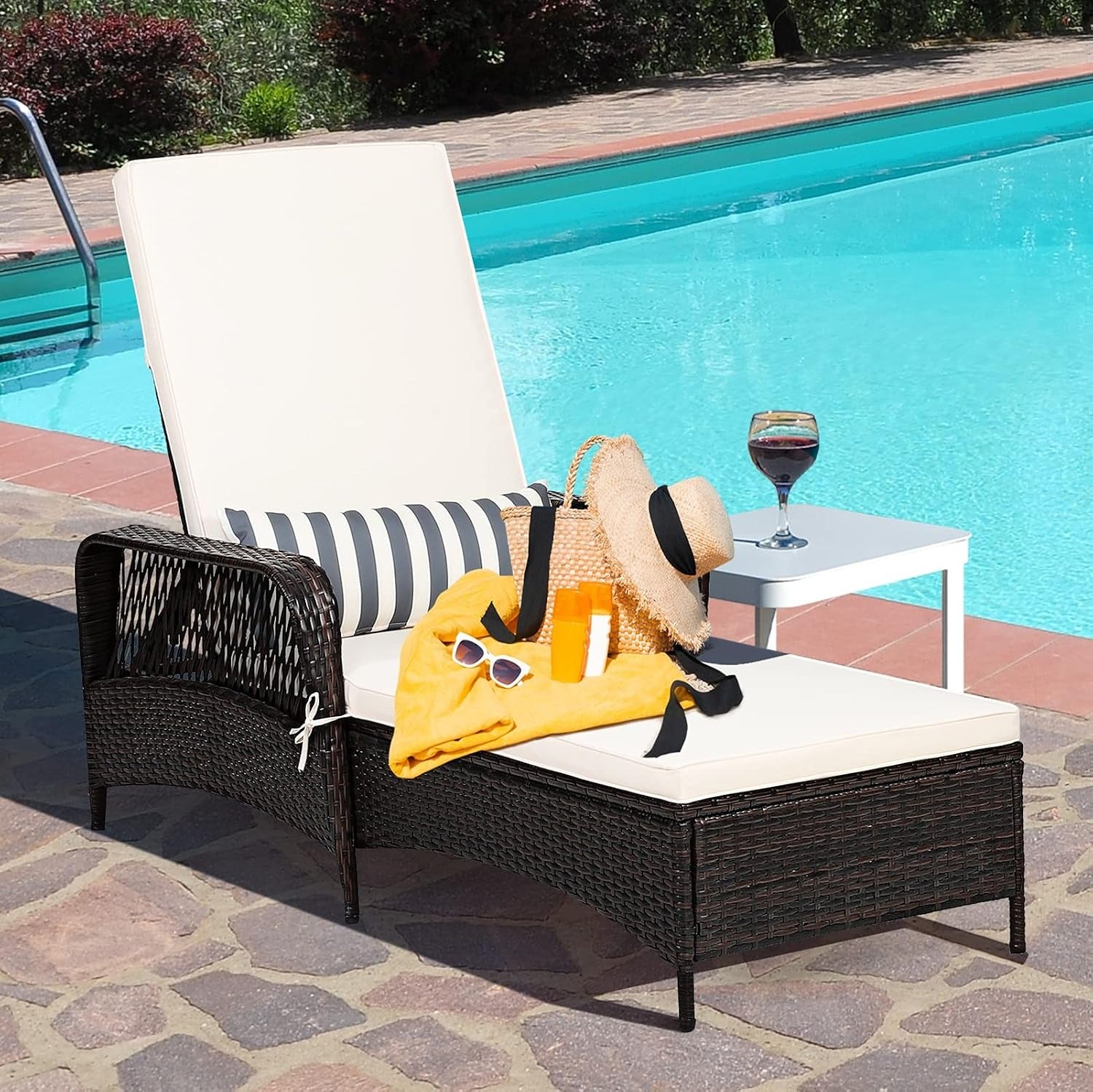Brown Rattan Adjustable Outdoor Chaise Lounge Chair